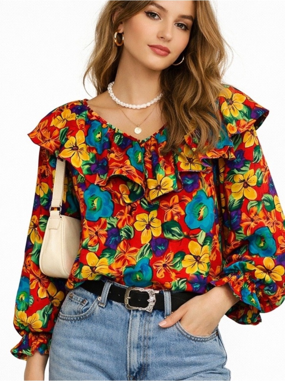 VTG 100 % silk Floral Ruffled Off-Shoulder Blouse - Red Multi